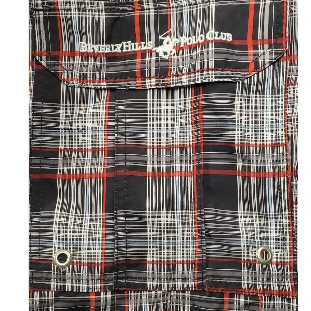 Beverly Hills Polo Club Mens XXL‎ Plaid Cargo Swim Trunks Black Red M702999 NWT